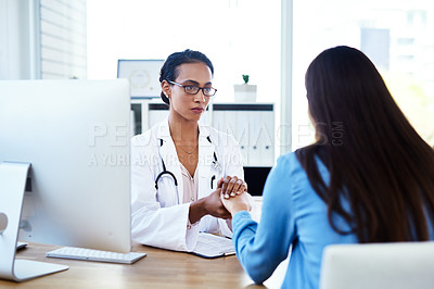 Buy stock photo Holding hands, infertility or doctor with woman for sympathy, medical diagnosis or bad news in clinic. Empathy, consulting or nurse with sick patient for support, gynecology results or healthcare