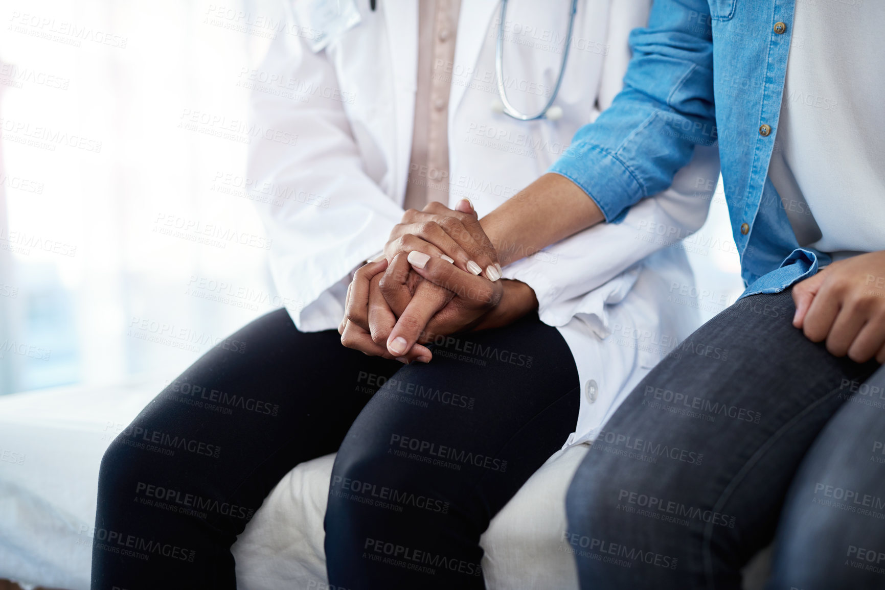 Buy stock photo Holding hands, zoom or doctor with woman for support, medical diagnosis and bad news in clinic. Empathy, consulting or gynecologist with sick patient for sympathy, infertility results or gynecology