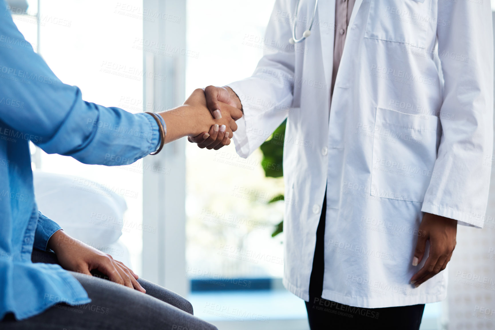 Buy stock photo Handshake, doctor and patient with healthcare, agreement and thank you for treatment, diagnosis or help. Recovery, medical service or professional in office, people or healing with trust or support