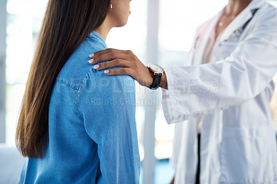 Buy stock photo Hand, shoulder or gynaecologist by woman for support, medical diagnosis or bad news in hospital. Comfort, consulting or doctor with sick patient for sympathy, infertility results or gynecology help