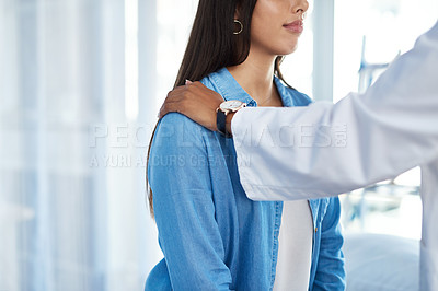 Buy stock photo Hand, comfort and doctor with patient, healthcare and wellness in hospital, cancer diagnosis and help. Closeup, medical service and professional with woman, support and results with advice or healing