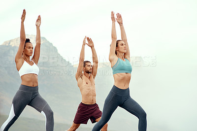 Buy stock photo People, stretching and yoga outdoor for exercise, fitness and mindfulness or wellness at beach. Training, friends or man and women meditate for flexibility, spiritual strength and mental health