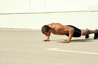 Buy stock photo Male athlete, pushups and sexy in sports, exercise and fitness on tarmac or field with performance. Healthy, man and topless in workout, body and wellness for training muscles and strong for cardio  