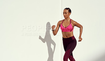 Buy stock photo Woman, fitness and running on mockup for exercise, workout or healthy cardio training outdoors. Fit, active and sporty female person or runner exercising for health and wellness on mock up space
