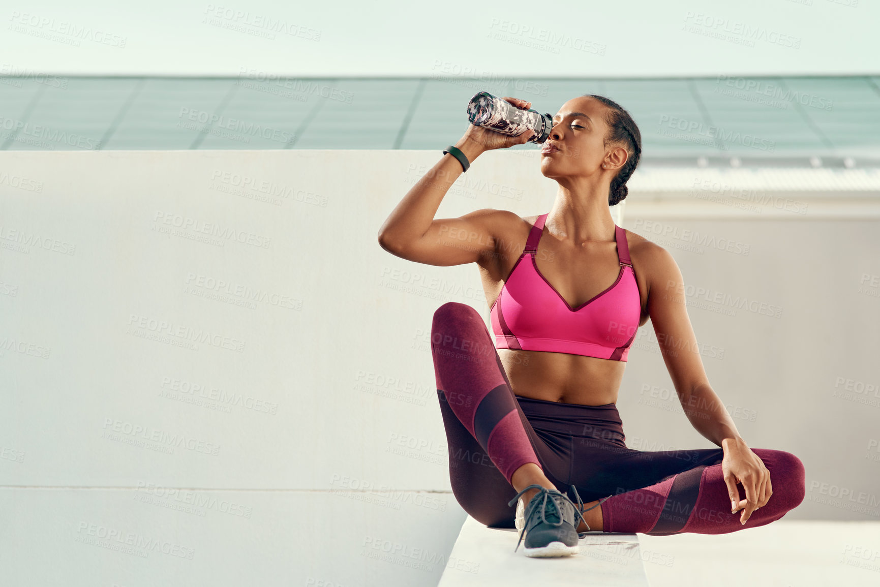 Buy stock photo Hydration, fitness and sports woman drinking water for cardio workout, training or running outdoor. Exercise, athlete and female person with bottle for wellness, recovery or thirsty in urban town