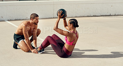 Buy stock photo Medicine ball, outdoor and practice for woman, balance and training in gym, workout and fitness for body. Sports, athlete and personal trainer for strength, wellness and building of muscle for sport