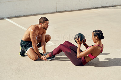 Buy stock photo Stretching, fitness and woman with medicine ball, practice and training with coach, exercise and health. Outdoor, workout and personal trainer with person, class and performance for sports and body