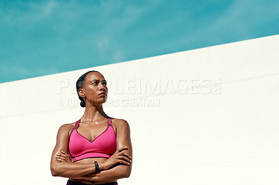 Buy stock photo Sports, fitness and serious woman with blue sky, mockup at outdoor gym for health and wellness. Workout, exercise and confidence, fit athlete with focus space and healthy mindset for summer goals.