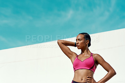 Buy stock photo Sports, fitness and woman with blue sky, mockup at outdoor gym and focus on health and wellness. Workout, exercise and confidence, fit athlete with space and healthy mindset for summer body goals.