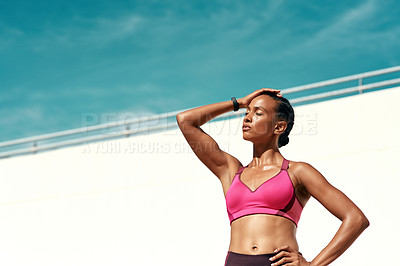 Buy stock photo Sunshine, fitness and relax, woman with mockup on blue sky at outdoor gym for health and wellness with space. Workout, exercise and athlete with focus, sweat and healthy mindset for fit summer goals.