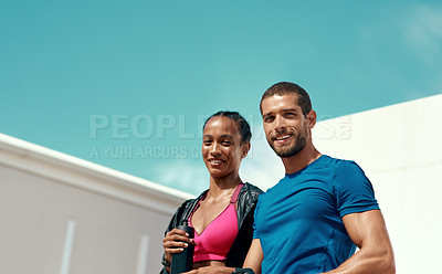 Buy stock photo Fitness, portrait of happy woman and man with blue sky, mockup at outdoor gym for health and wellness in sports. Workout, exercise and personal trainer with athlete, smile and healthy mindset goals.