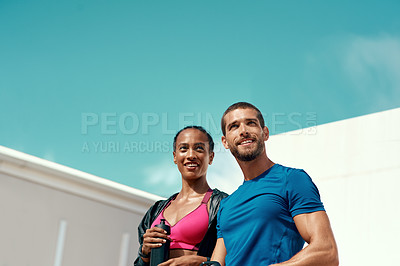 Buy stock photo People, fitness and outdoor in sportswear for exercise, training or workout with blue sky. Personal trainer, man and woman together ready for crossfit, gym and physical activity for summer body
