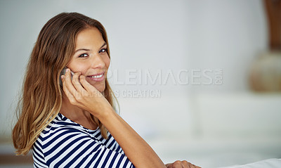 Buy stock photo Woman, smile and portrait with phone call on sofa for discussion, online and communication on weekend. Connection, happy and female person with tech at home for contact, chat and digital conversation