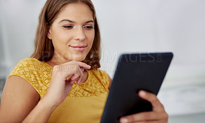 Buy stock photo Ebook, reading or woman on tablet in house for online news, research or social media article. Download, blog subscription or girl on touchscreen technology for streaming choice on website to relax