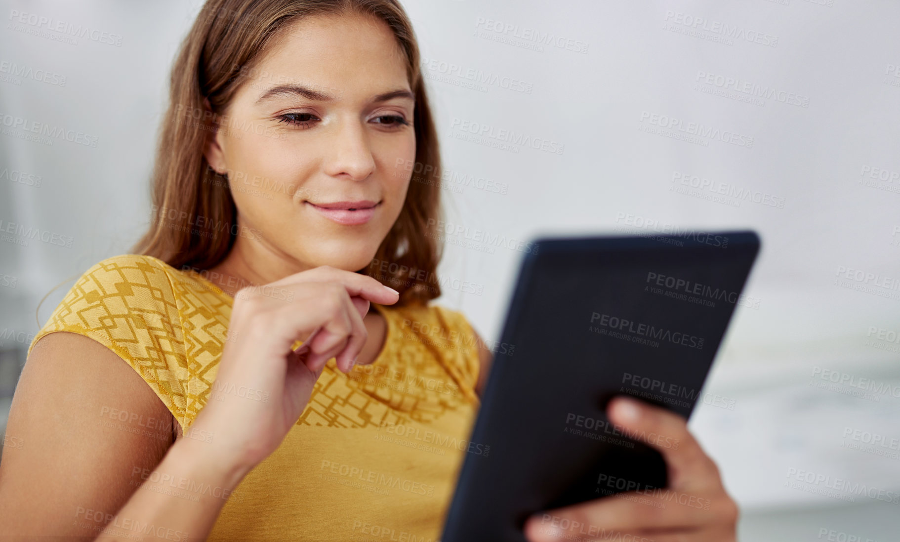 Buy stock photo Ebook, reading or woman on tablet in house for online news, research or social media article. Download, blog subscription or girl on touchscreen technology for streaming choice on website to relax