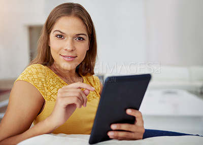 Buy stock photo Portrait, house and woman with tablet, internet and relax with connection, technology and network. Face, person or girl on sofa, apartment or rest with email notification or website info in lounge