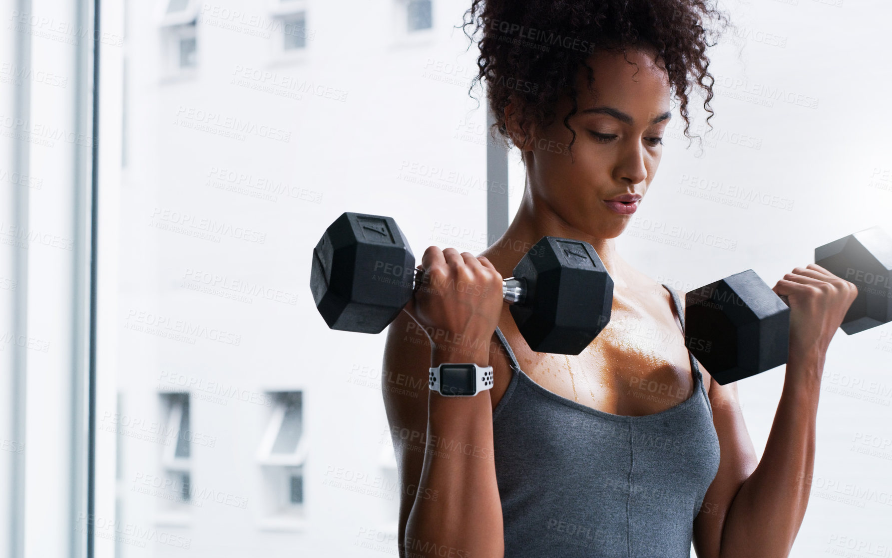 Buy stock photo African woman, dumbbells and training at gym with thinking for workout, wellness and muscle development. Person, bodybuilder and weightlifting for change, exercise or body transformation with health