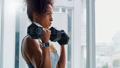 Buy stock photo Shot of a young woman working out with dumbbells in a gym