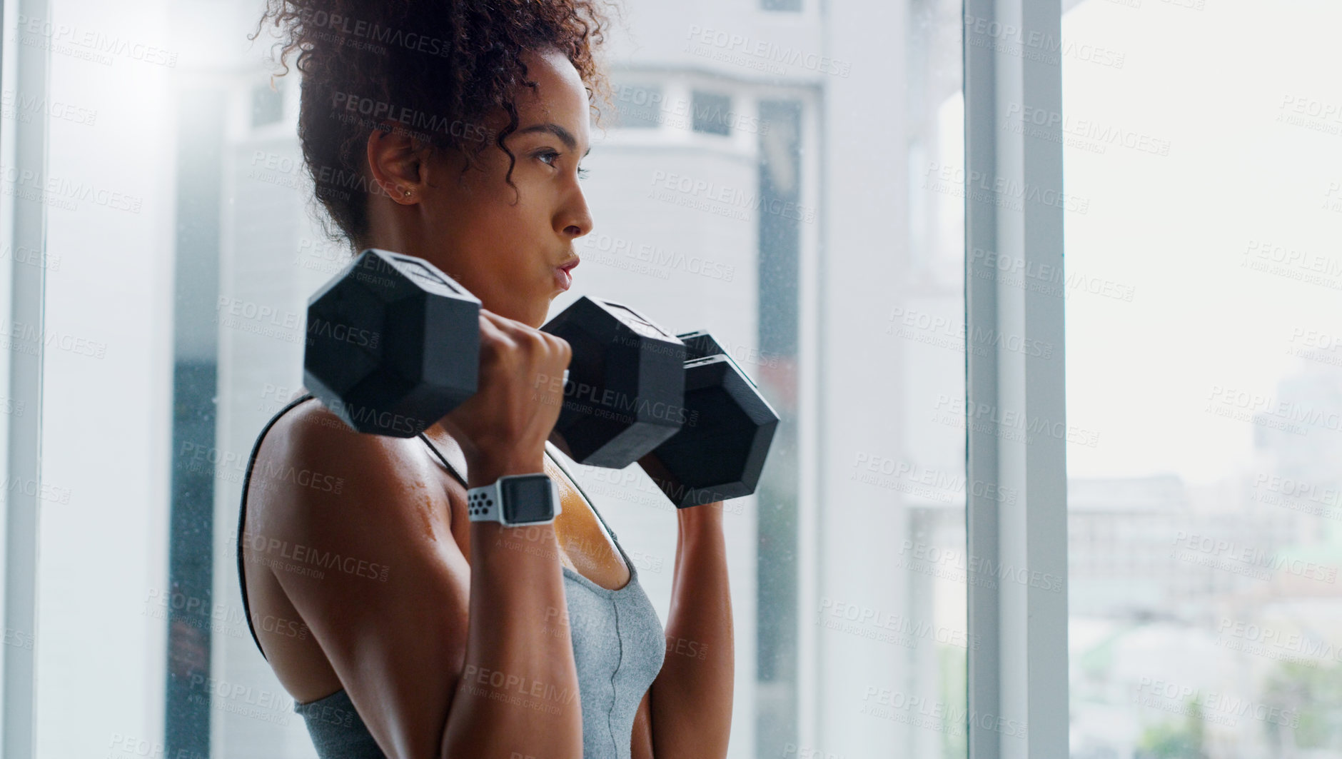 Buy stock photo Shot of a young woman working out with dumbbells in a gym