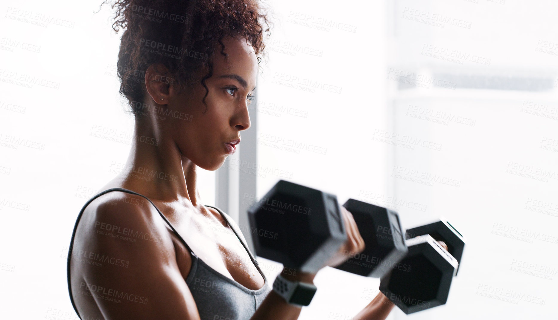 Buy stock photo African woman, dumbbells and workout for fitness with thinking, wellness and muscle development in gym. Person, bodybuilder and weightlifting for change, training or body transformation with health