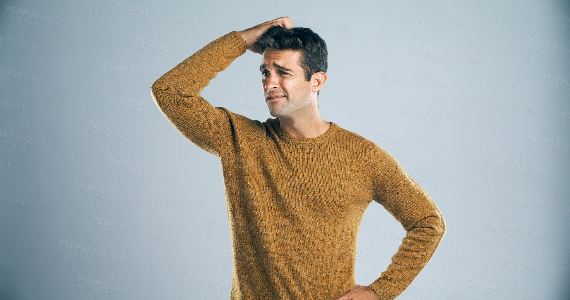 Buy stock photo Man, thinking and scratch head in studio with decision, confused or mistake by background. Person, doubt and choice with mockup space for crisis, stress or error for wondering with ideas for solution