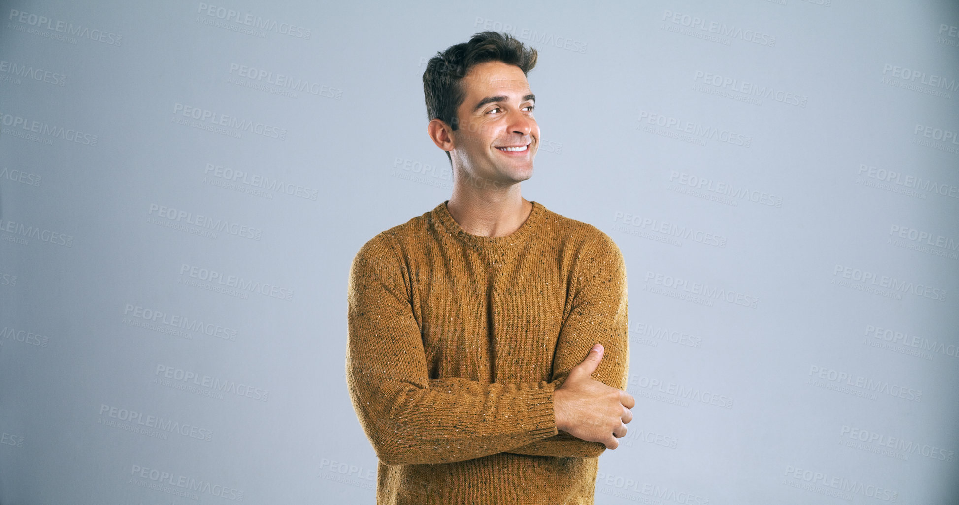 Buy stock photo Studio, smile and man with arms crossed for thinking, planning and remember good memory by backdrop. White background, male person and teacher with confidence for career, knowledge and mockup space