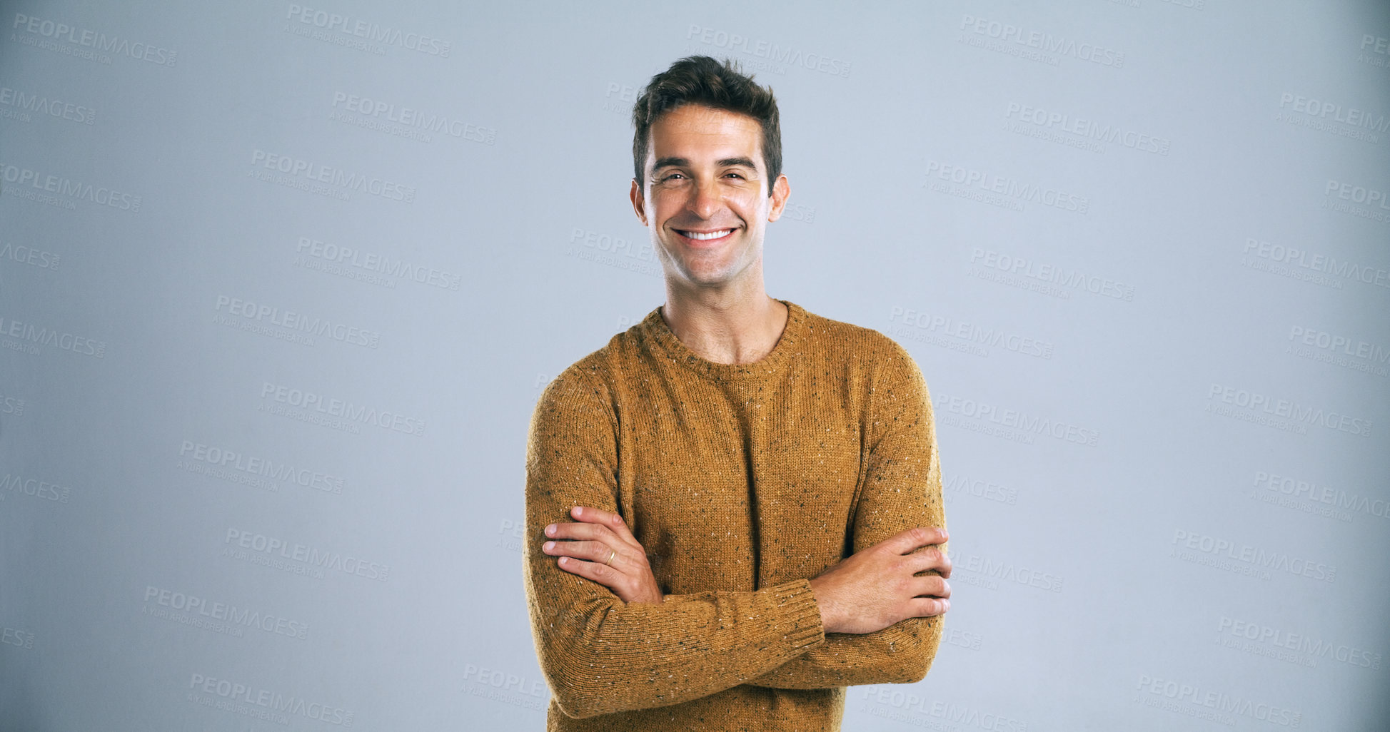 Buy stock photo Studio, smile and man with portrait for arms crossed, positive attitude and ambition by backdrop. White background, male person and teacher with confidence for career, knowledge and mockup space