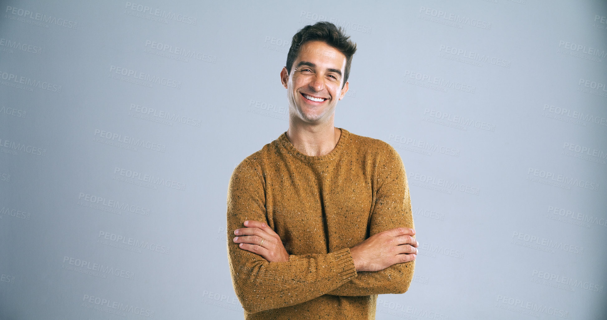 Buy stock photo Studio, happy and man with portrait for arms crossed, positive attitude and ambition by backdrop. Gray background, male person and teacher with confidence for career, knowledge and mockup space