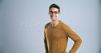 Buy stock photo Studio, glasses and man with portrait for smile, positive attitude and ambition by backdrop. Gray background, male person and teacher with knowledge for career, spectacles and vision by mockup space