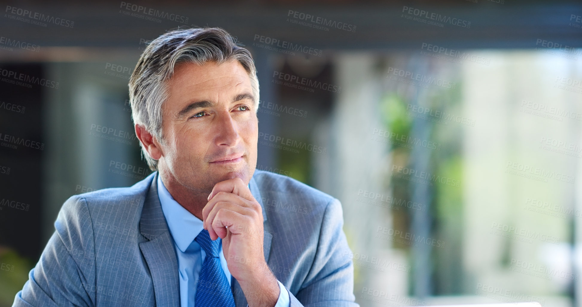 Buy stock photo Thinking, office and mature businessman with idea, solution and insight for finance company. Corporate workplace, professional entrepreneur and person for problem solving, brainstorming and decision