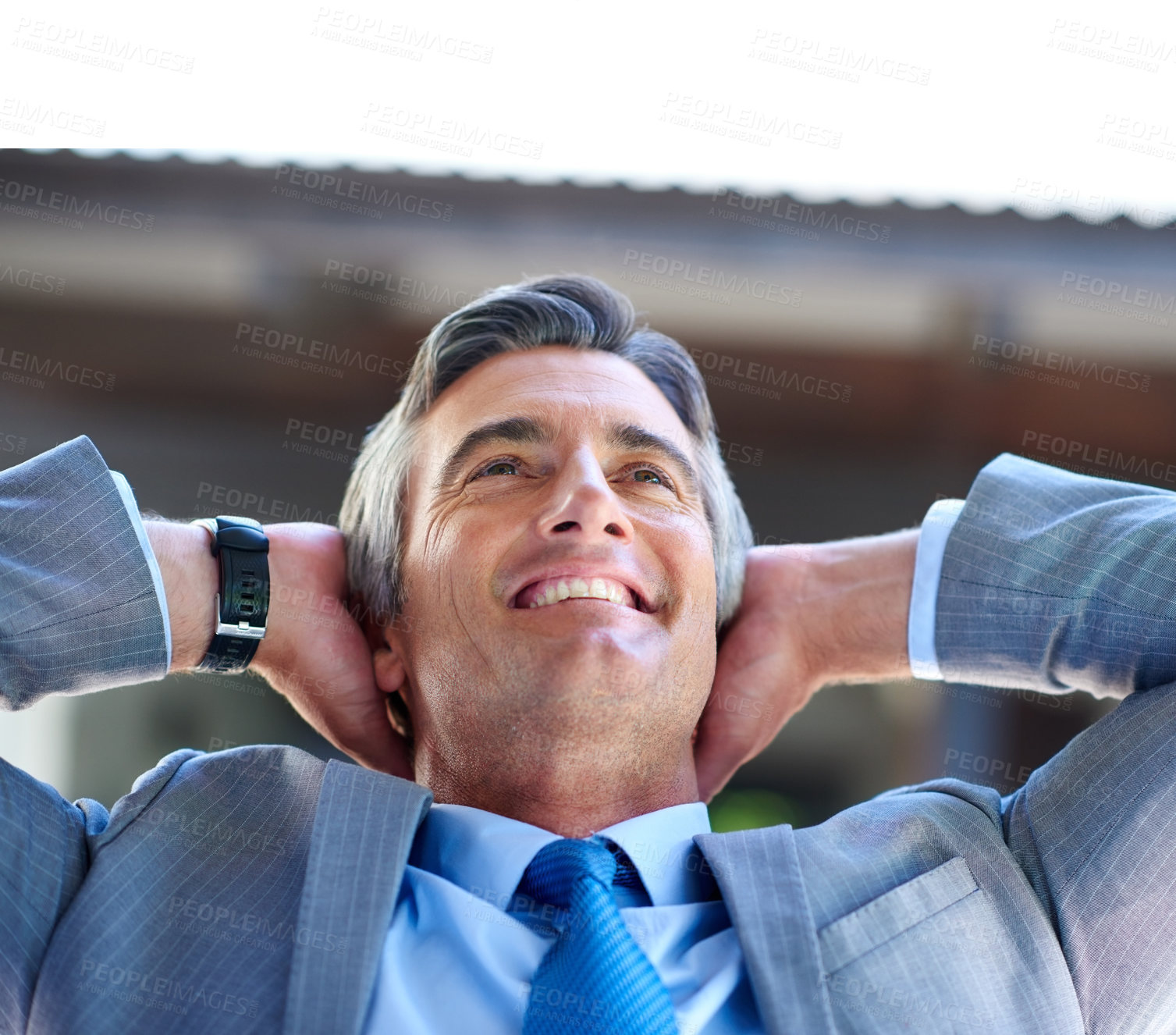 Buy stock photo Man, stretching and thinking in office for business, relief or smile of future in company. Mature estate agent, happy or face in property agency for positive feedback, productive day or satisfaction