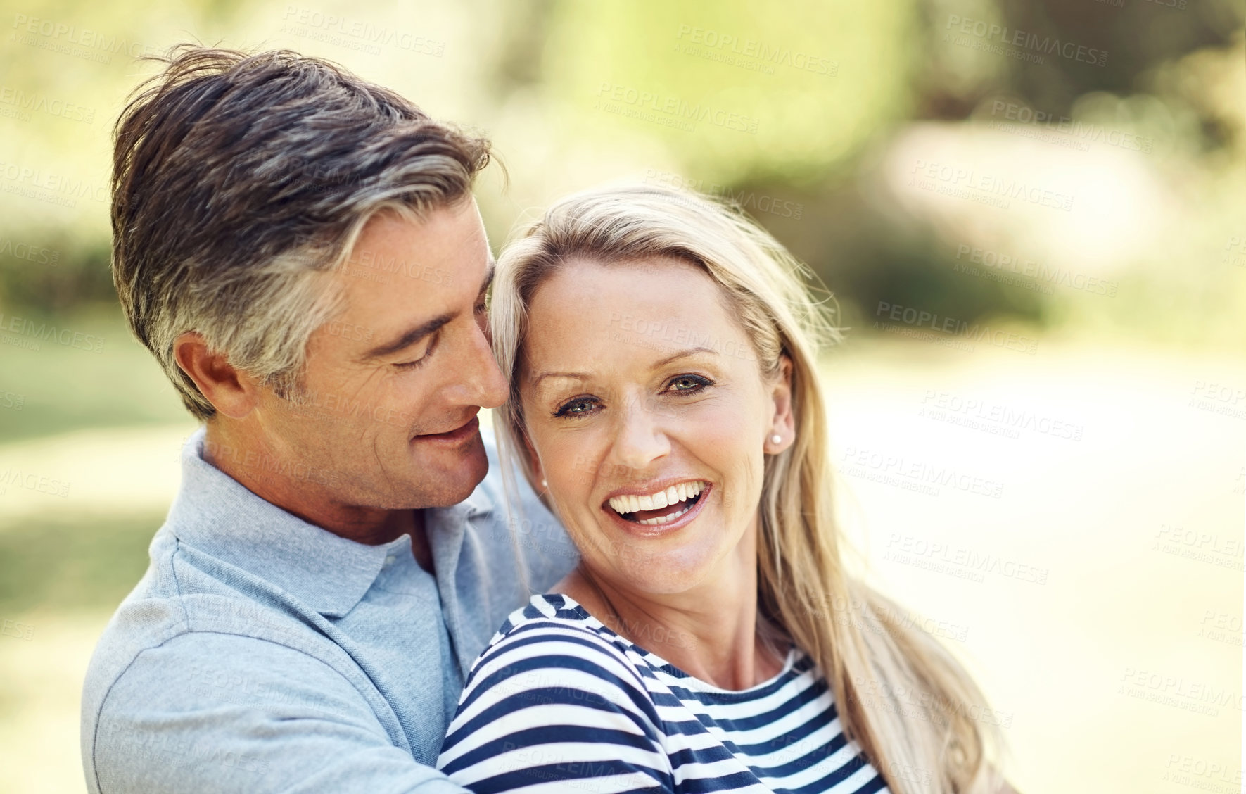 Buy stock photo Happy, hug and portrait of mature couple in nature at park for bonding, marriage and connection in morning. Outdoor, smile and man and woman embracing in garden for romance on date with love together