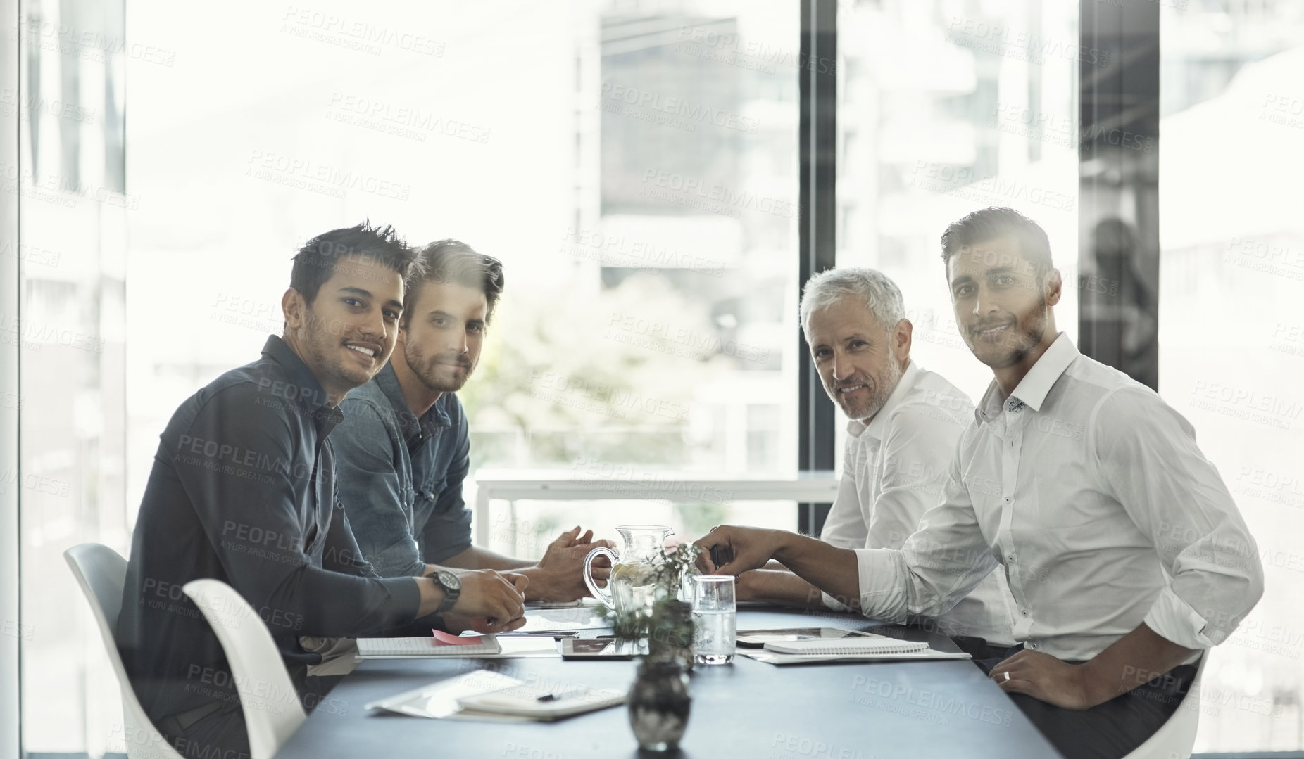 Buy stock photo Boardroom, meeting and portrait of business people in office for discussion, collaboration and teamwork. About us, corporate and men smile for financial review, company budget and investment report