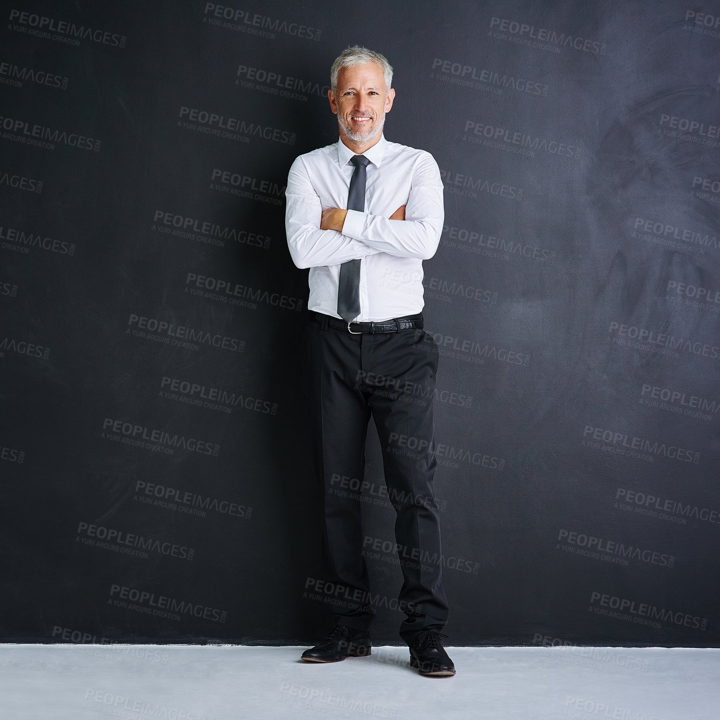 Buy stock photo Corporate, portrait and mature man in studio with confidence, mockup and opportunity at legal business. About us, professional businessman or consulting manager on black background with arms crossed