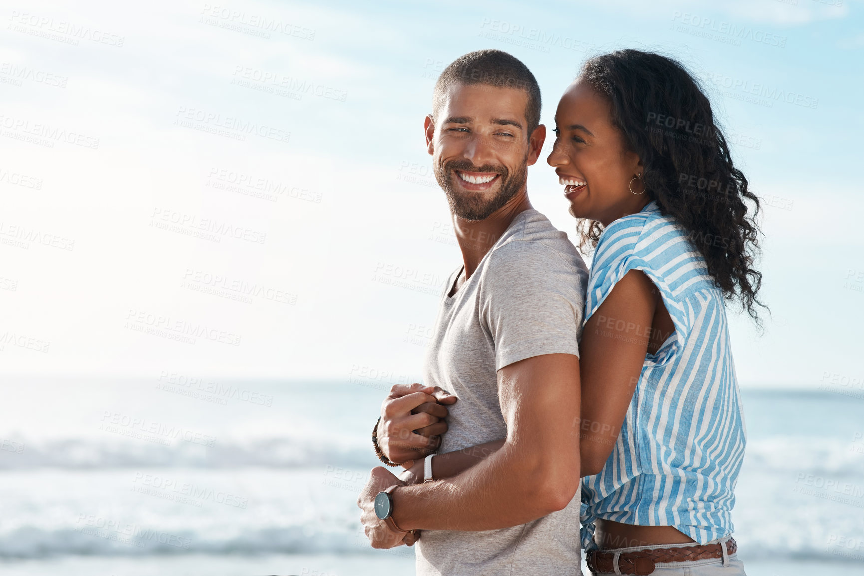 Buy stock photo Love, couple or hug on beach mockup for travel, happy or support in relationship. Man, woman or affection on sea space for summer vacation, holiday or commitment with milestone or engagement in Bali