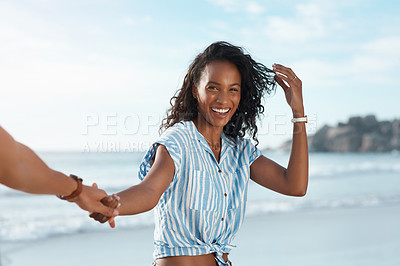 Buy stock photo Love, portrait and holding hands pov with woman, beach and happy relationship for anniversary on holiday together. Romance, African man and woman with smile, break and bonding with sunset on vacation