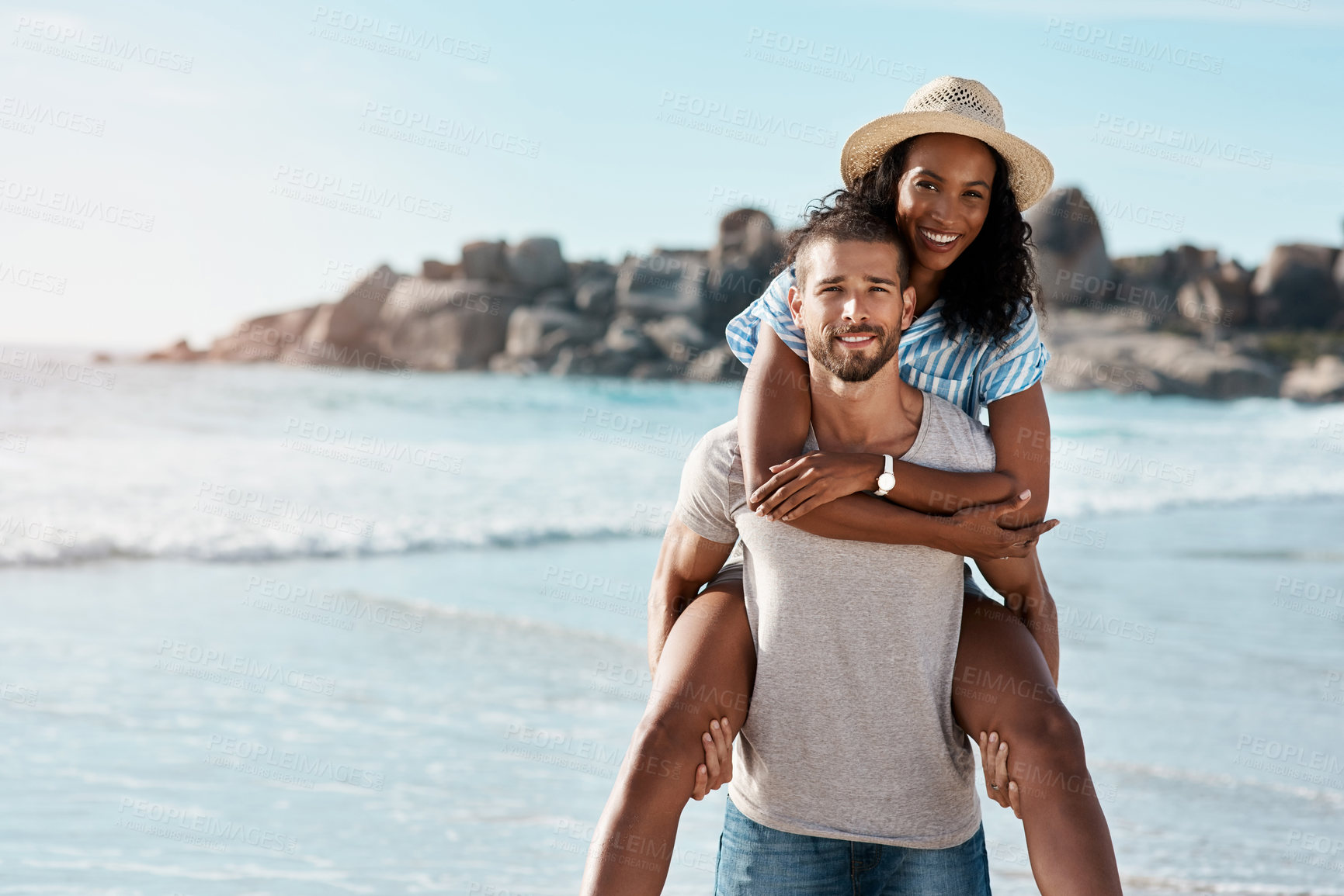 Buy stock photo Beach, piggy back and portrait of happy couple with space, romantic summer holiday and travel to ocean. Love, man and woman with fun at sea, happiness and mockup on vacation time together in Mexico.