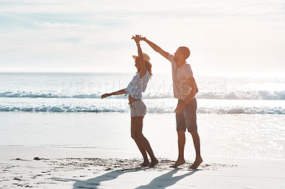 Buy stock photo Happy, couple and dance with support at beach for outdoor adventure, marriage and honeymoon holiday. Man, woman and celebration with waves by ocean for commitment, connection and vacation in Cancun