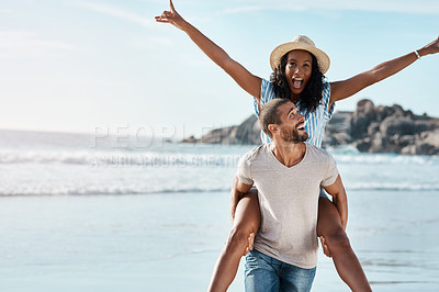 Buy stock photo Beach adventure, piggyback and excited couple with space on summer holiday travel to ocean. Love, man and happy woman at sea, happiness on date in nature and vacation together in Mexico with mockup.