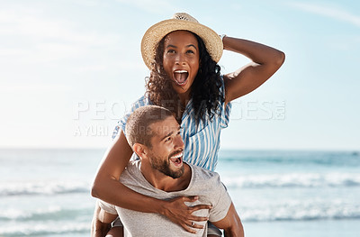 Buy stock photo Beach, piggyback and excited woman with happy man on romantic summer holiday with waves and travel to ocean. Romance, happiness and couple at sea for adventure date on vacation together in Mexico.
