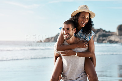 Buy stock photo Romance, ocean and piggy back, happy couple with blue sky on romantic summer holiday travel to beach. Love, man and woman at sea, happiness on date and romantic adventure vacation together in Mexico.