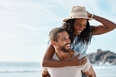 Buy stock photo Happy couple, adventure at sea and piggy back with blue sky, mockup space and summer holiday travel to ocean. Romance, man and woman at beach with happiness on date and vacation together in Cancun.