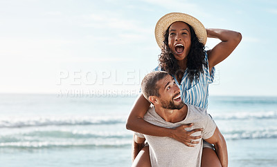 Buy stock photo Beach, piggy back and woman with happy man on romantic summer holiday with mockup space and travel to ocean. Romance, happiness and excited couple at sea for adventure on vacation together in Cancun.
