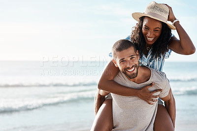Buy stock photo Love, ocean and piggyback, happy couple with space for mockup, blue sky and romantic summer holiday travel to beach. Romance, man and woman have fun at sea on date and tropical vacation together