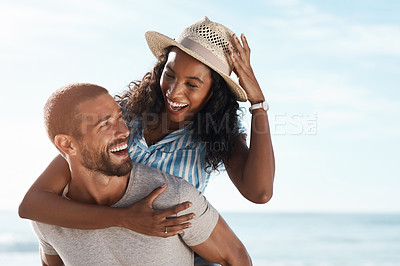 Buy stock photo Love, beach and piggy back, happy couple with blue sky on romantic summer holiday travel to ocean. Romance, man and woman have fun at sea, happiness on honeymoon and vacation time together in Mexico.