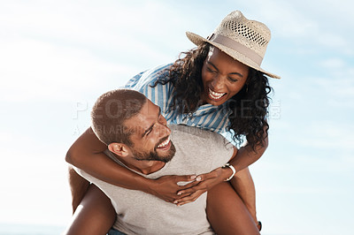 Buy stock photo Nature, blue sky and piggy back, happy couple on adventure for romantic summer holiday travel. Love, man and woman with happiness on date, laughing and freedom on tropical vacation time together.