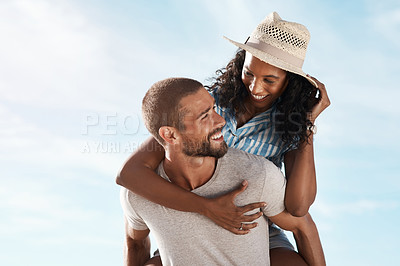 Buy stock photo Happy couple, blue sky and piggyback in nature on romantic summer adventure holiday with travel on mockup space. Love, man and woman outdoor with happiness on date, smile and vacation together.