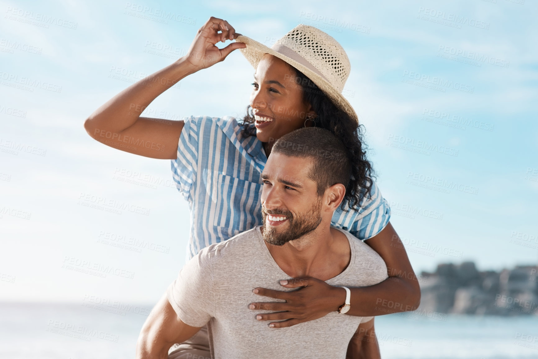 Buy stock photo Love, view and piggyback with couple, beach and happy relationship for anniversary on holiday together. Romance, man and woman with ocean for summer break and bonding with sunset on vacation