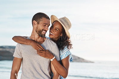 Buy stock photo Travel, love and hug with couple, beach and happy people for anniversary on holiday together. Romance, African man and woman with ocean, summer break and relax with sunset embrace on vacation