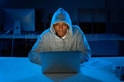 Buy stock photo Black man, night or hacker with laptop for cybersecurity problem, malware or phishing for crime. Programmer, hoodie and software update on technology with dark hacking expert writing algorithm system